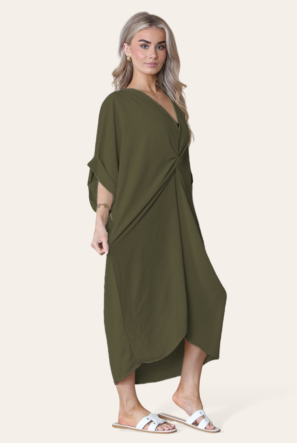 Womens V-Neck Tie Knotted Twisted Front Oversized Longline Midi Dress Dress WearAll Khaki One Size UK Fit (10 to 20)