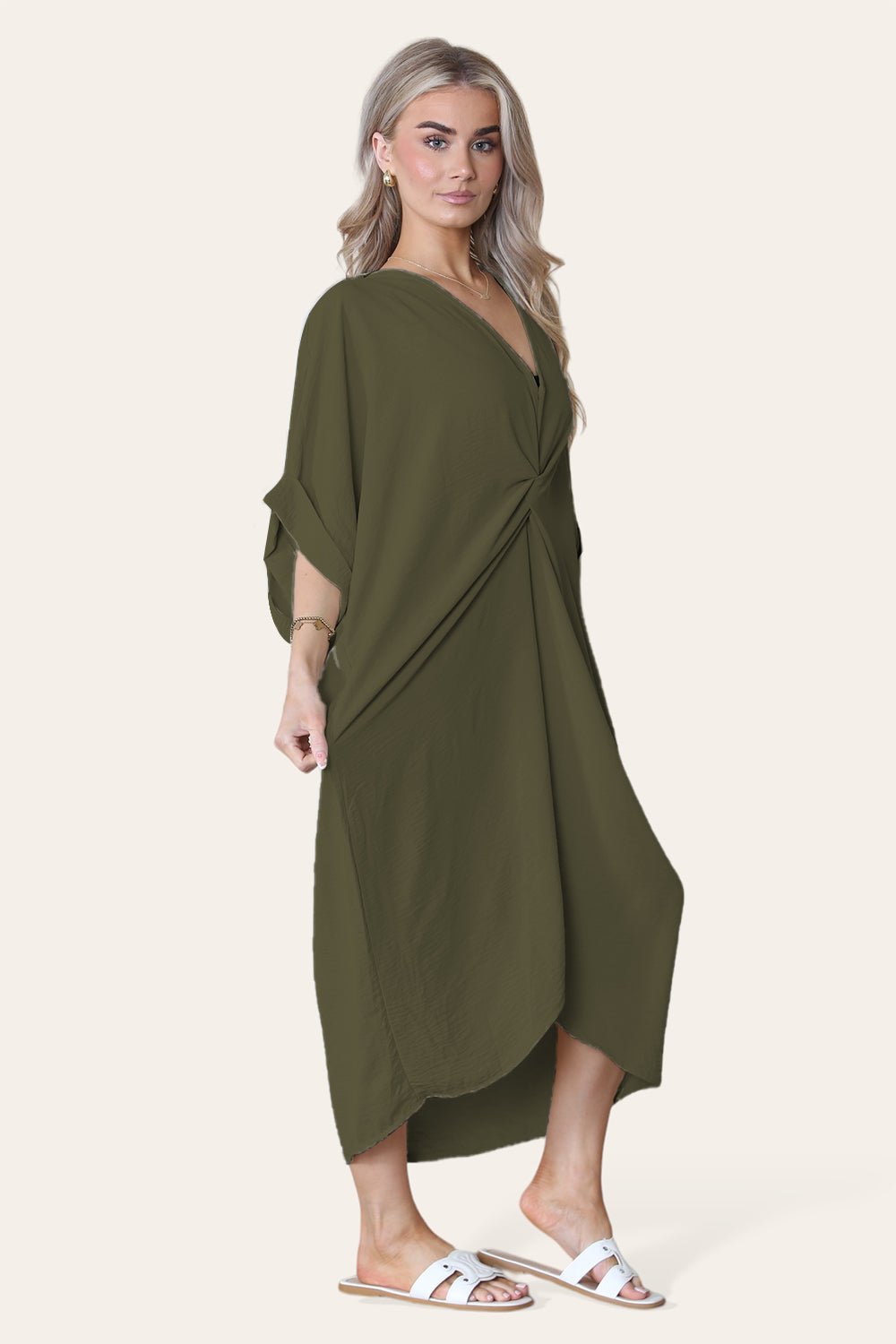 Womens V-Neck Tie Knotted Twisted Front Oversized Longline Midi Dress Dress WearAll Khaki One Size UK Fit (10 to 20)
