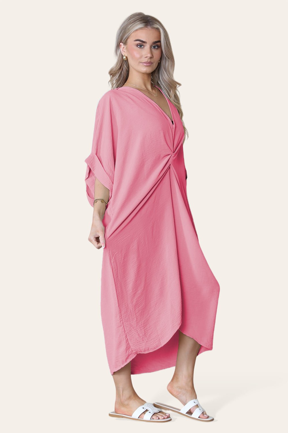 Womens V-Neck Tie Knotted Twisted Front Oversized Longline Midi Dress Dress WearAll Pink One Size UK Fit (10 to 20)