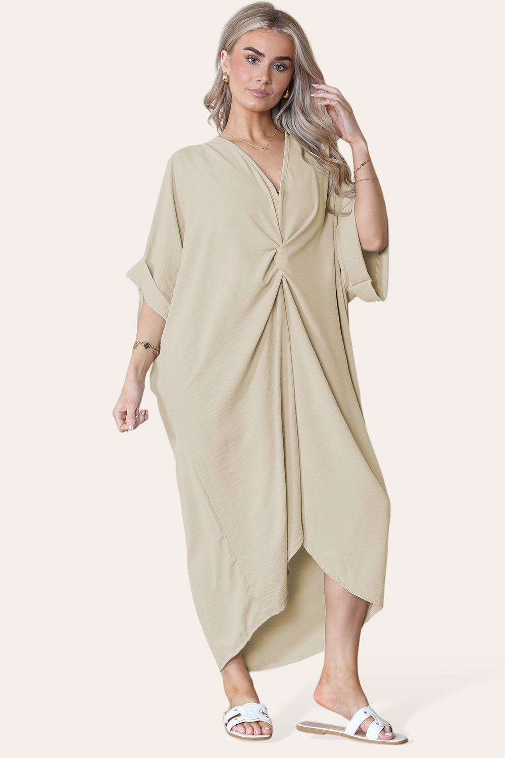 Womens V-Neck Tie Knotted Twisted Front Oversized Longline Midi Dress Dress WearAll Beige One Size UK Fit (10 to 20)