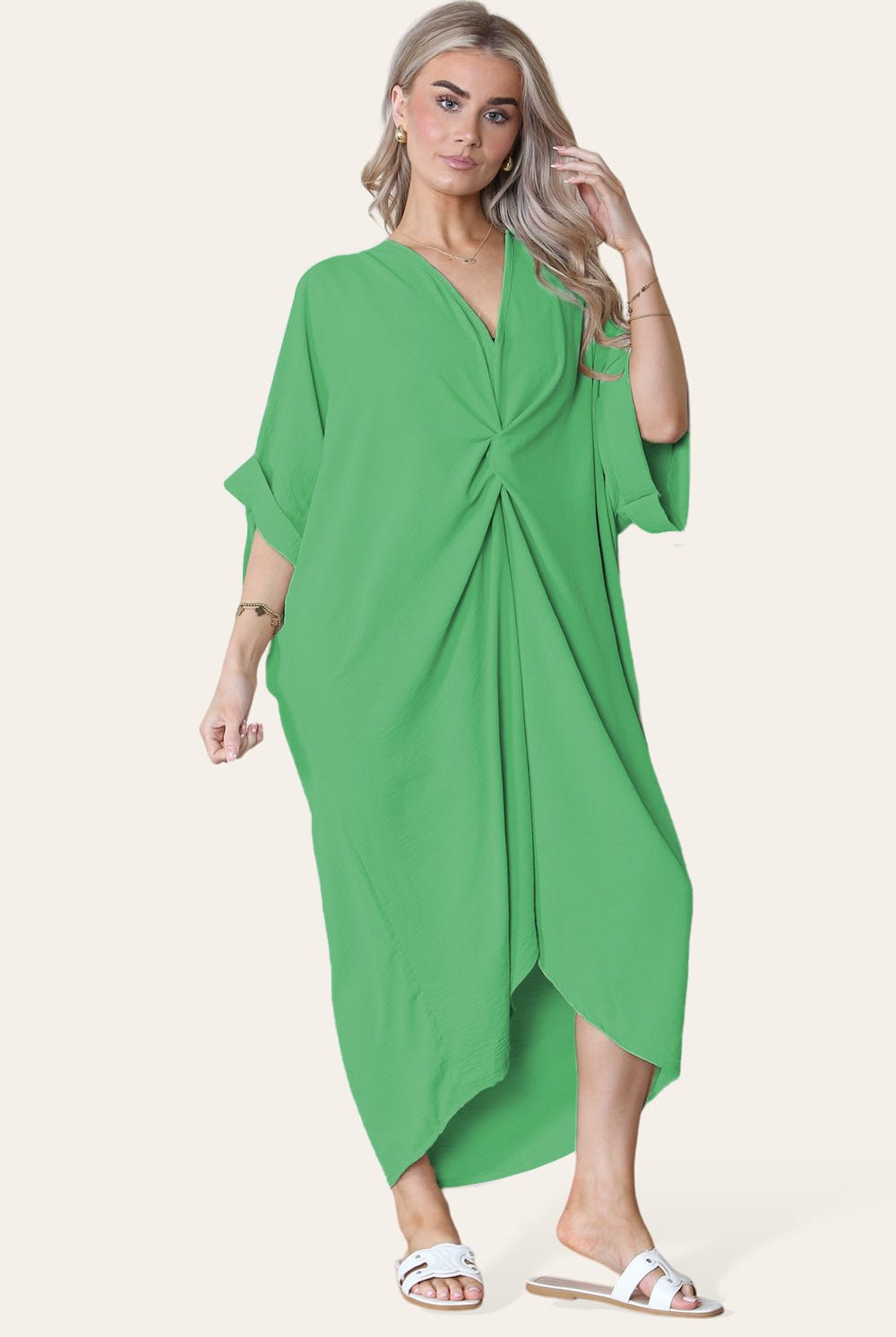 Womens V-Neck Tie Knotted Twisted Front Oversized Longline Midi Dress Dress WearAll Jade Green One Size UK Fit (10 to 20)