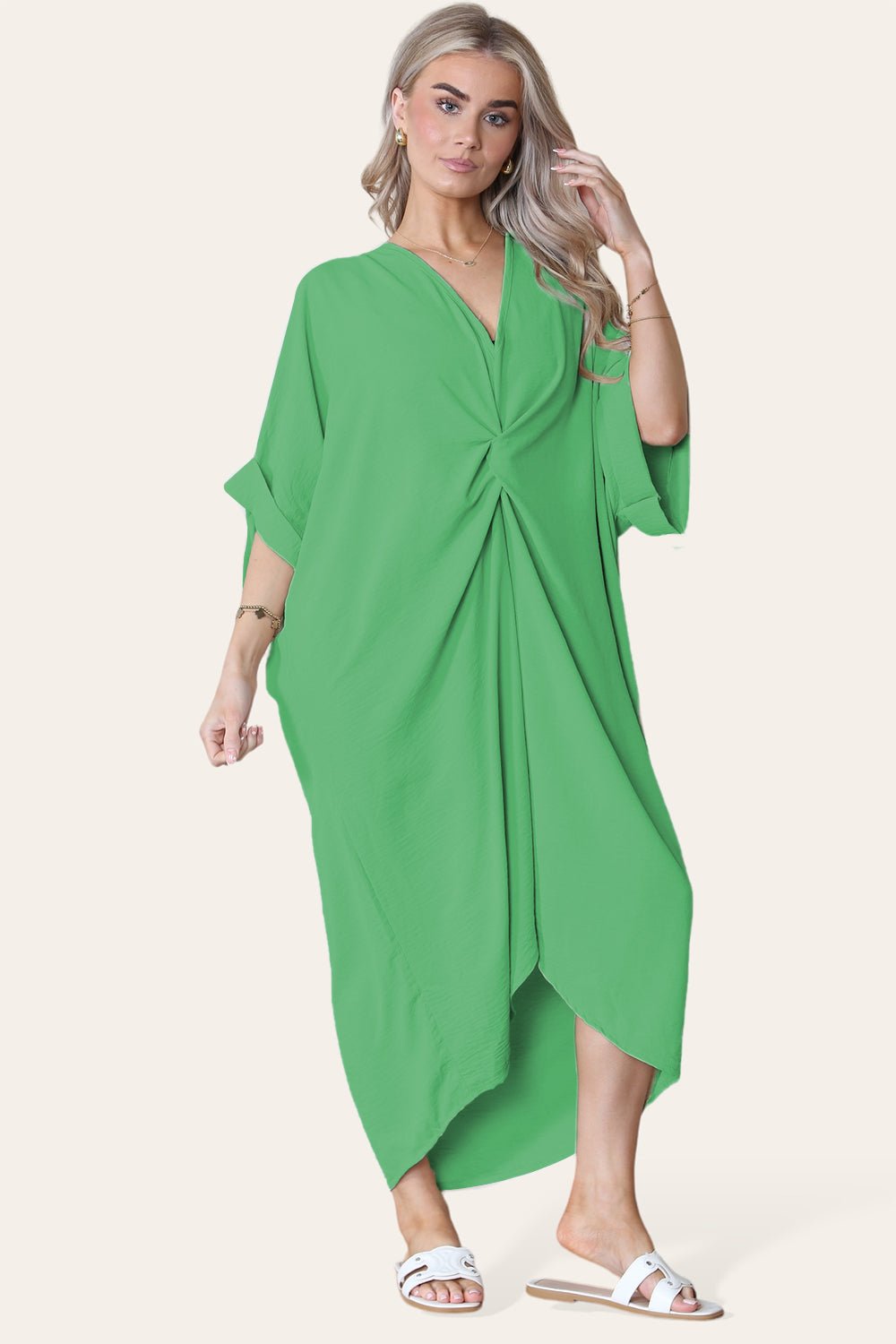 Womens V-Neck Tie Knotted Twisted Front Oversized Longline Midi Dress Dress WearAll Jade Green One Size UK Fit (10 to 20)