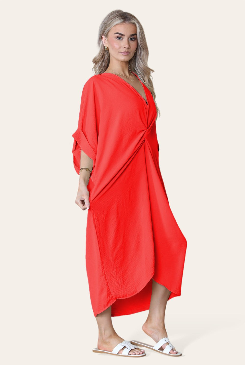 Womens V-Neck Tie Knotted Twisted Front Oversized Longline Midi Dress Dress WearAll Red One Size UK Fit (10 to 20)