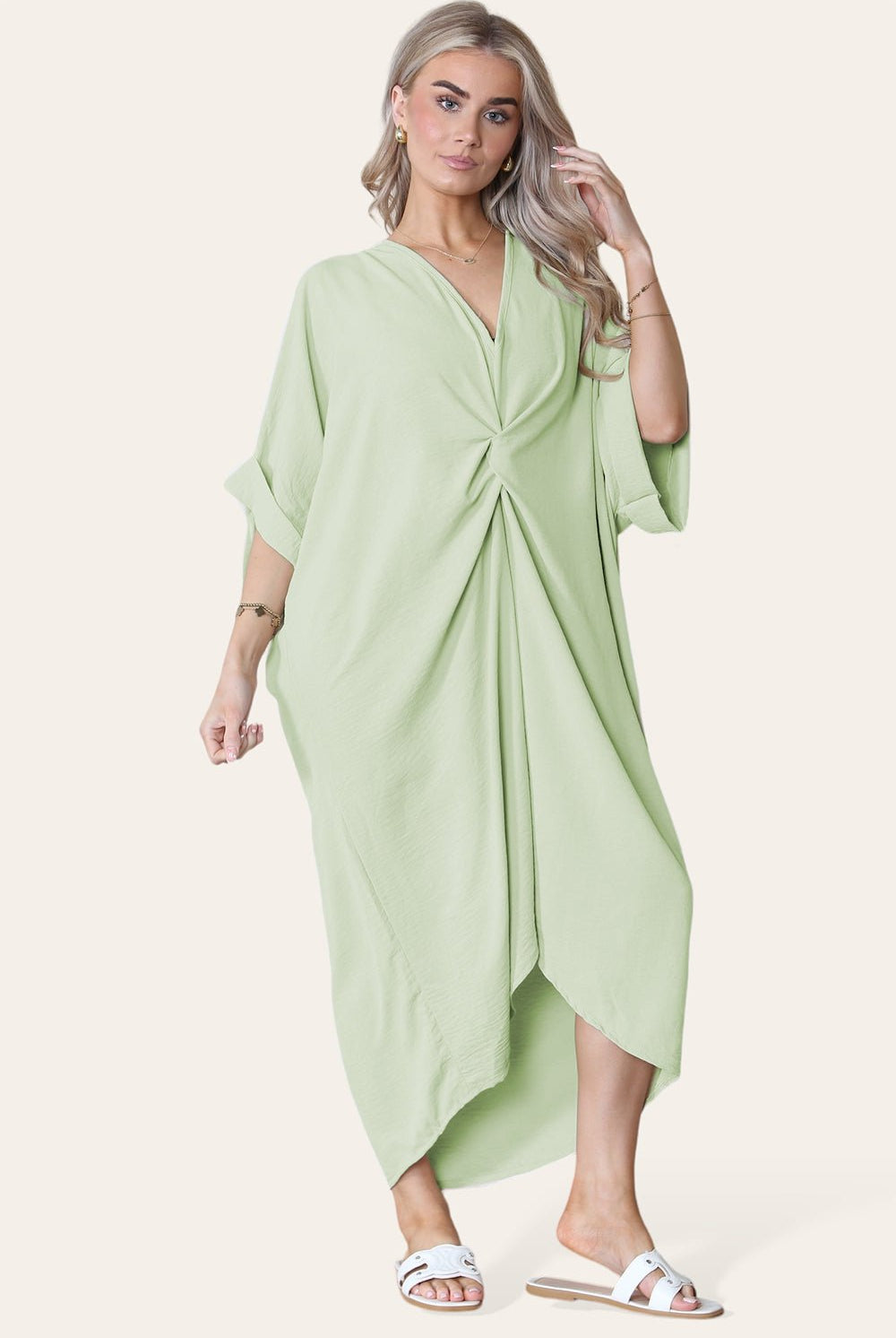 Womens V-Neck Tie Knotted Twisted Front Oversized Longline Midi Dress Dress WearAll Sage One Size UK Fit (10 to 20)
