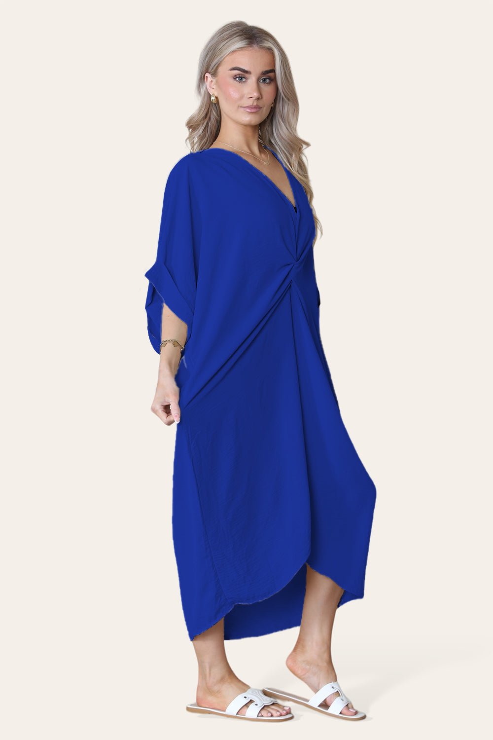 Womens V-Neck Tie Knotted Twisted Front Oversized Longline Midi Dress Dress WearAll Royal Blue One Size UK Fit (10 to 20)
