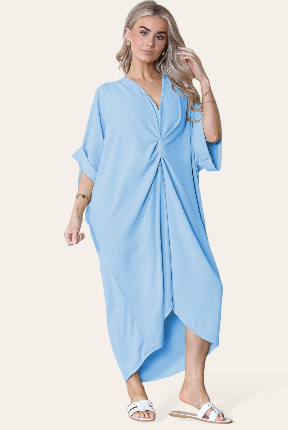 Womens V-Neck Tie Knotted Twisted Front Oversized Longline Midi Dress Dress WearAll Sky Blue One Size UK Fit (10 to 20)