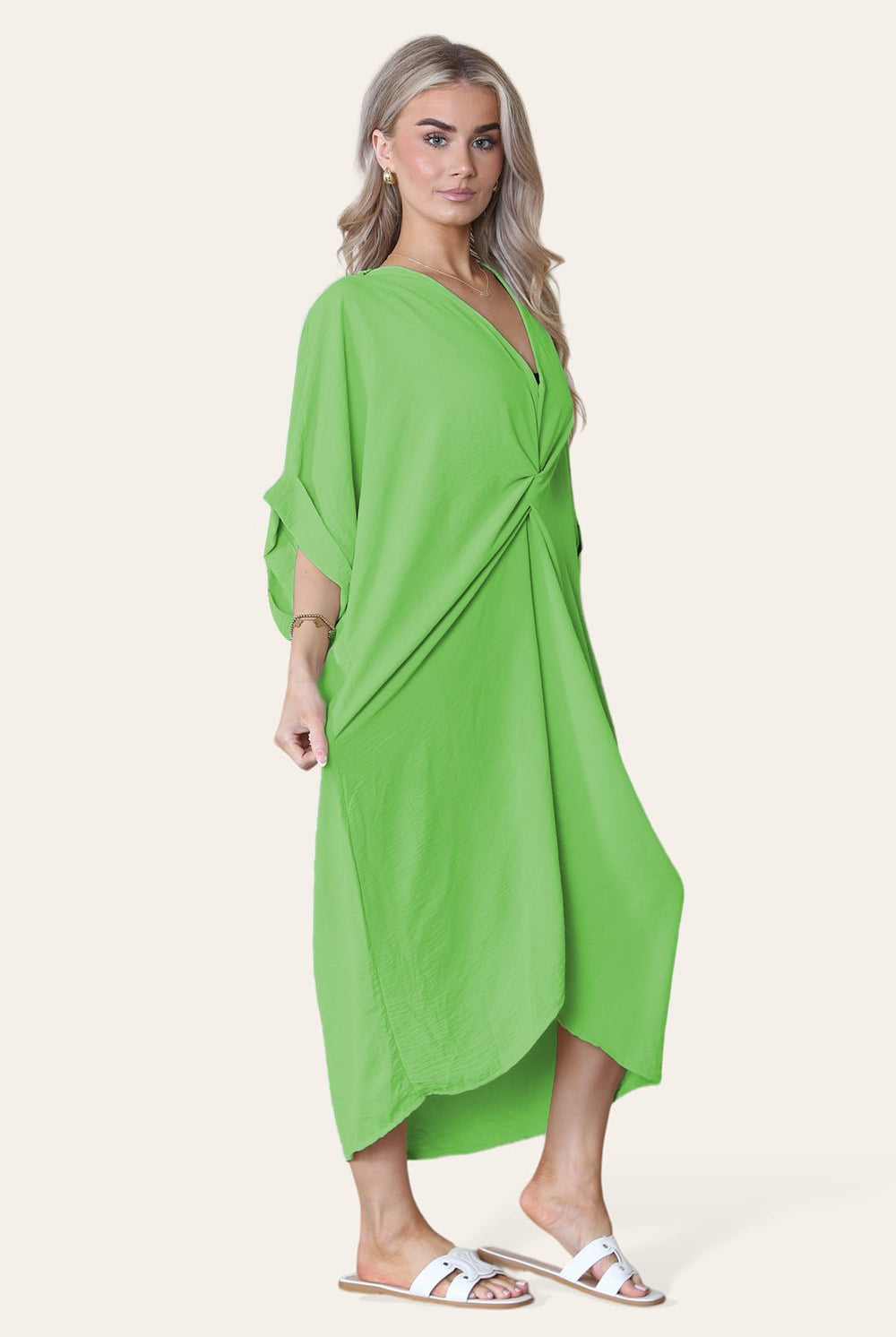 Womens V-Neck Tie Knotted Twisted Front Oversized Longline Midi Dress Dress WearAll Neon Green One Size UK Fit (10 to 20)
