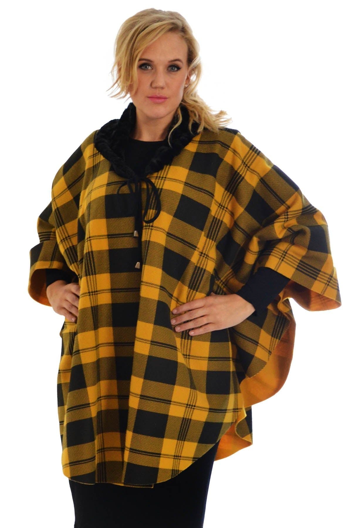 Faux Fur Check Tartan Cape Shawl Poncho Tops WearAll