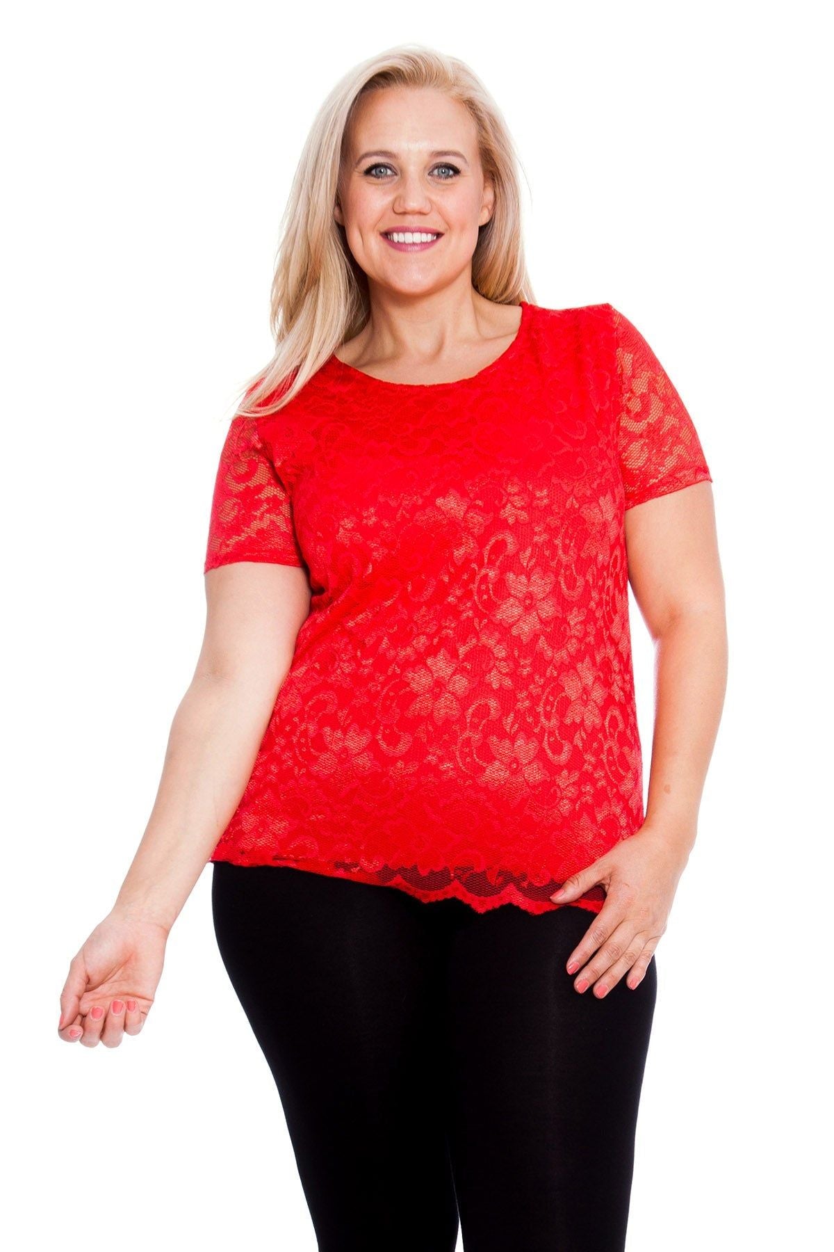 Lace Lined Scallop Edge T-Shirt Top Tops WearAll Red 14