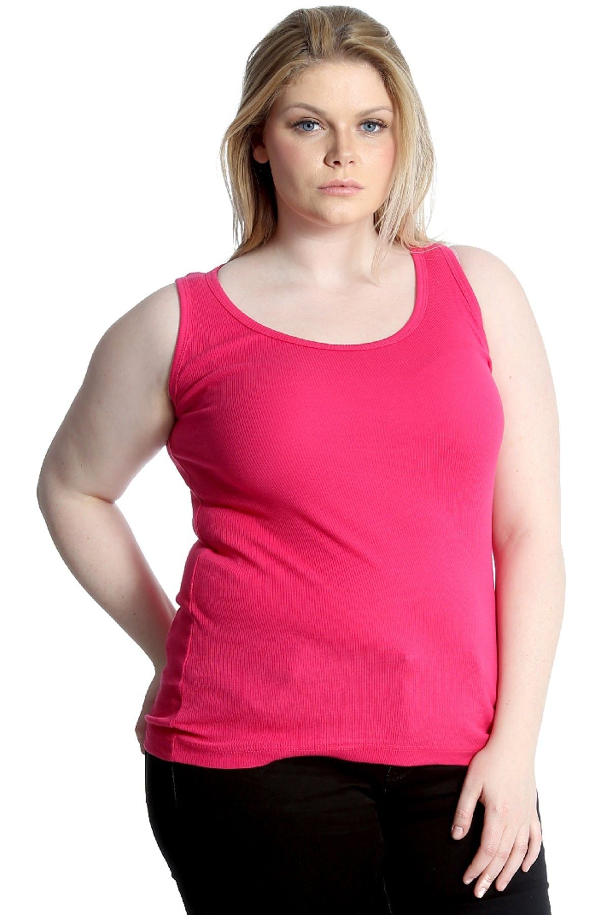 Plain Ribbed Neck Vest Top Tops WearAll Cerise 14