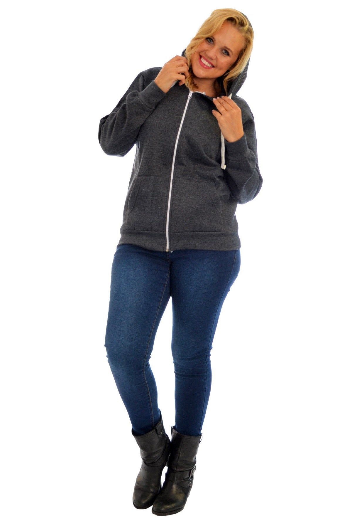 Plus Size Pocket Plain Zip Hoodie Tops WearAll