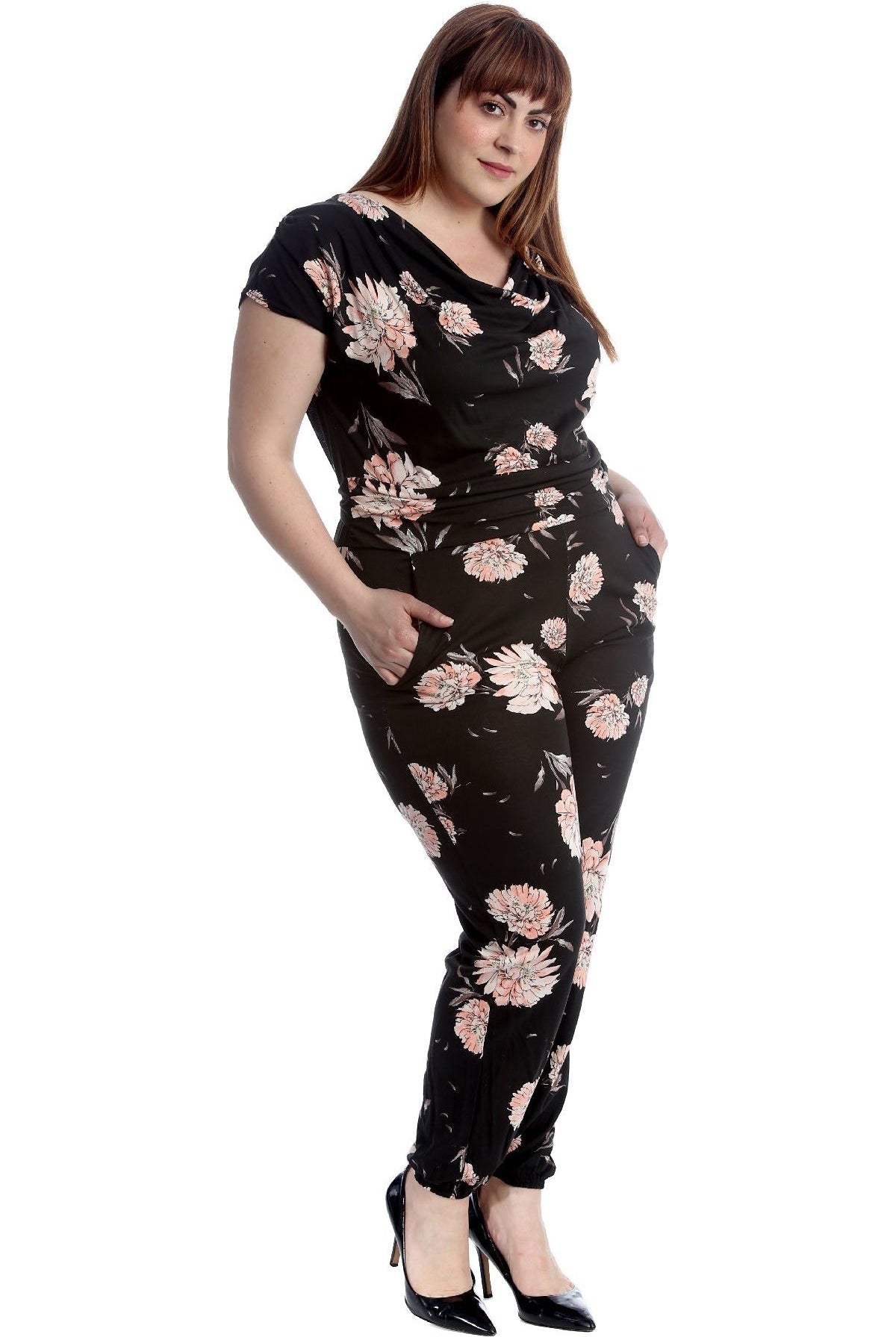 Plus Size Short Sleeve Tied Belted Floral Print Cowl Neck Jumpsuit Jumpsuit WearAll
