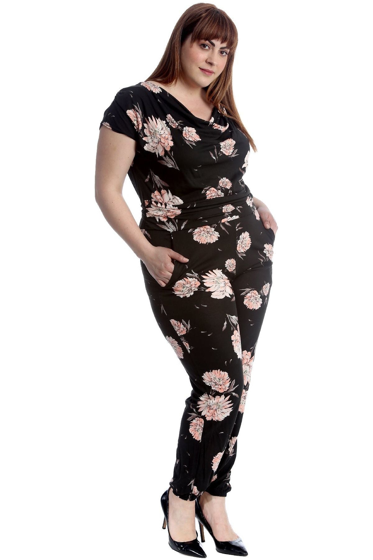 Plus Size Short Sleeve Tied Belted Floral Print Cowl Neck Jumpsuit Jumpsuit WearAll