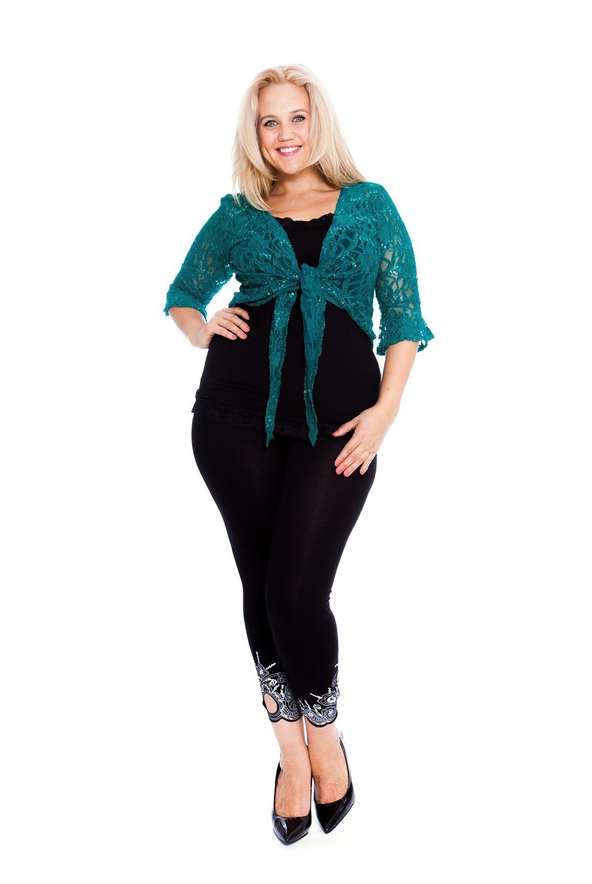 Plus SIze Sequin Lace Tie Up 3/4 Bell Crochet Top Tops WearAll