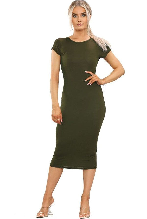 Plus Size Plain Cap Sleeve Stretch Jersey Midi Dress Dress WearAll Khaki Green 16-18
