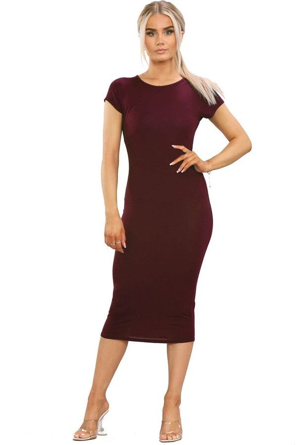 Plus Size Plain Cap Sleeve Stretch Jersey Midi Dress Dress WearAll Wine 16-18