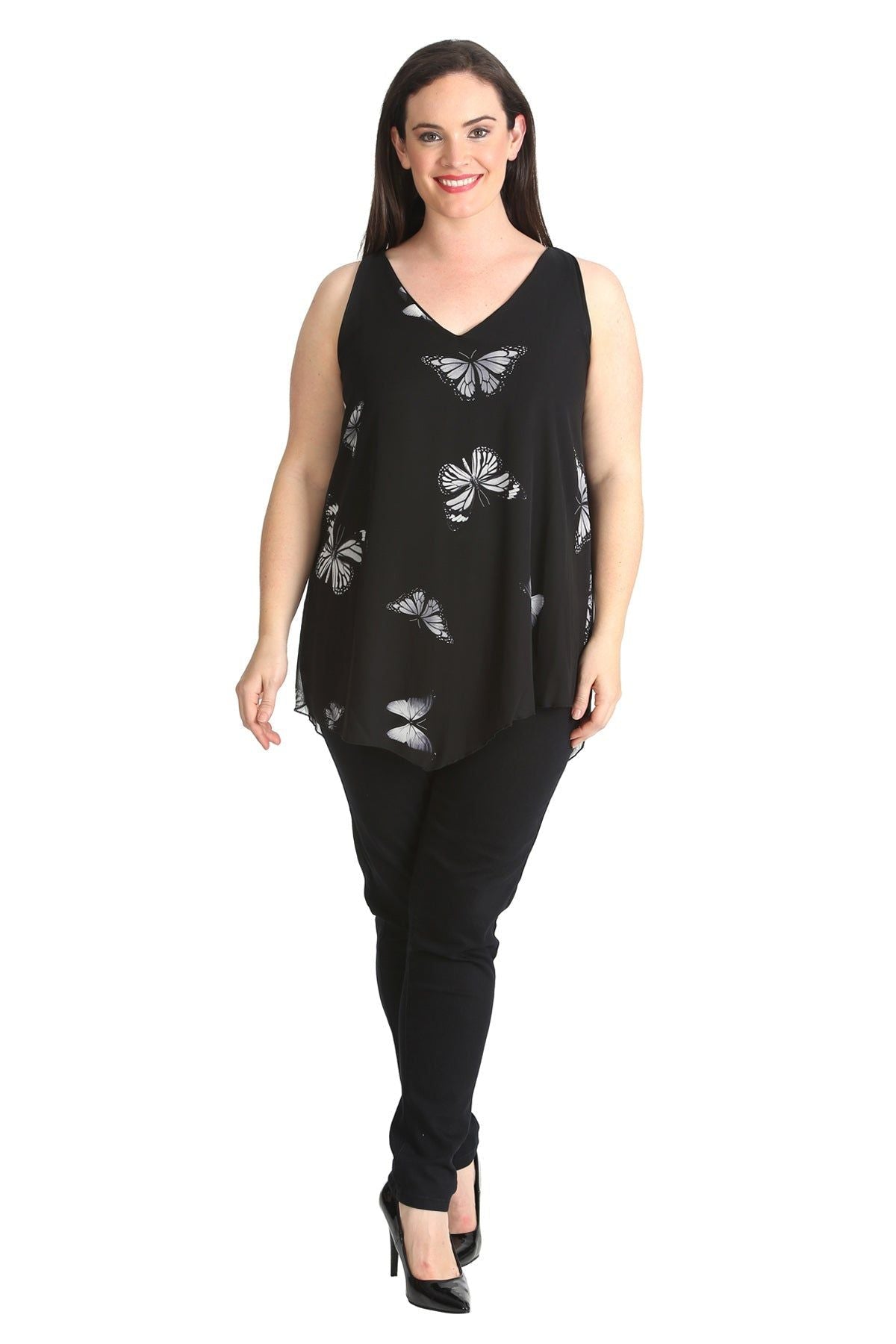 Chiffon Butterfly Print Lined Vest Top Tops WearAll