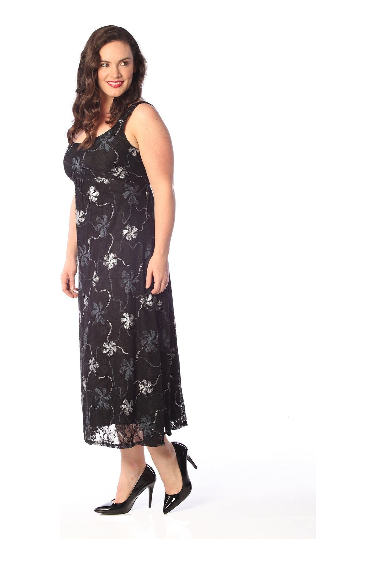 Plus Size Floral Lace Flared Sleeveless Belted Lined Dress - Silver Dress WearAll