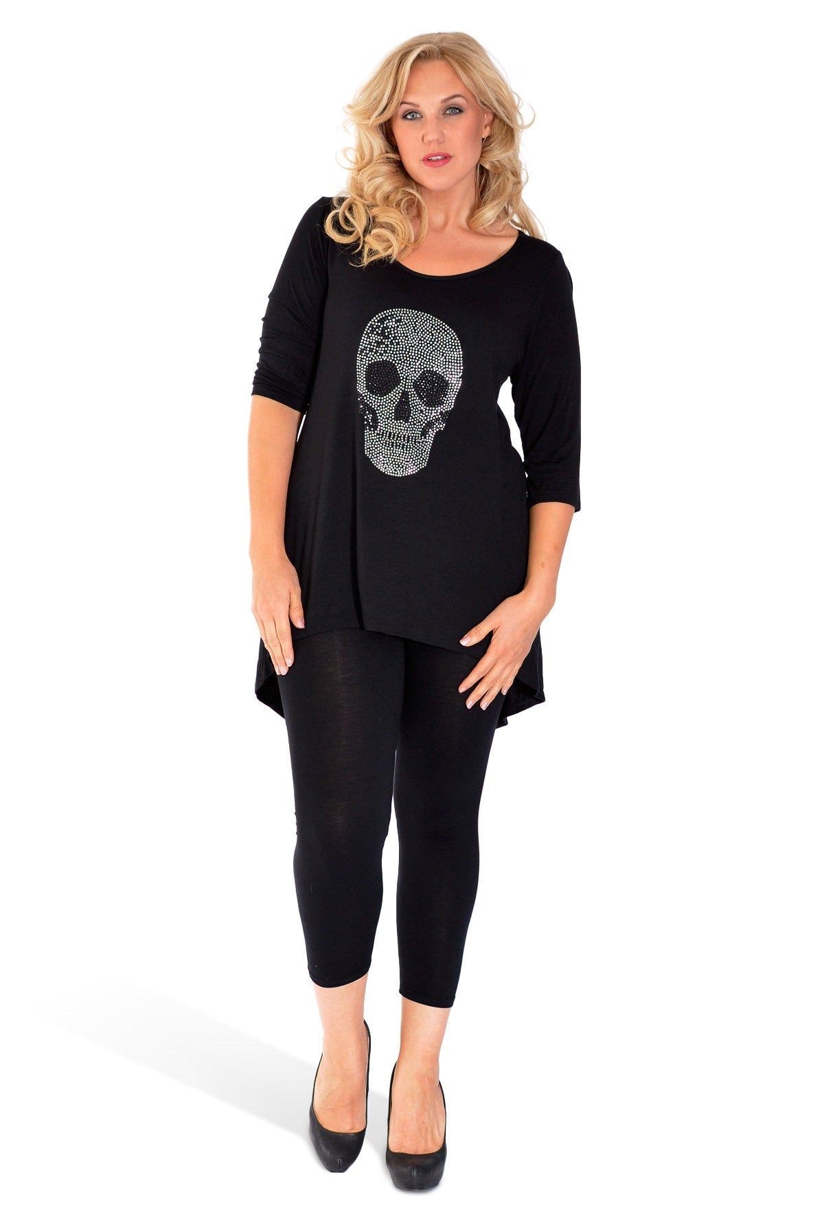 Skull Tail Back Dip Hem Scoop Top Tops WearAll