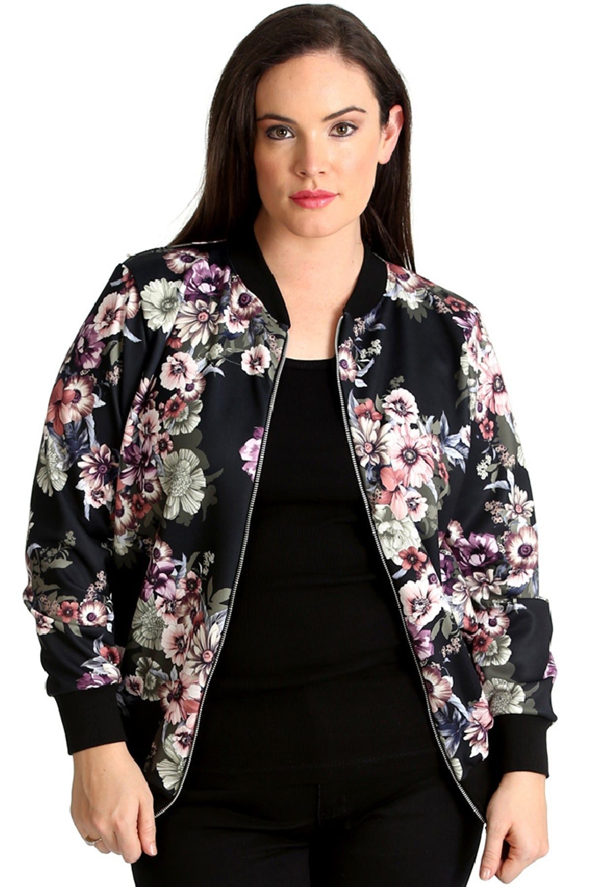 Floral Bomber Jacket Ladies Print Elasticated Jacket WearAll Black 14