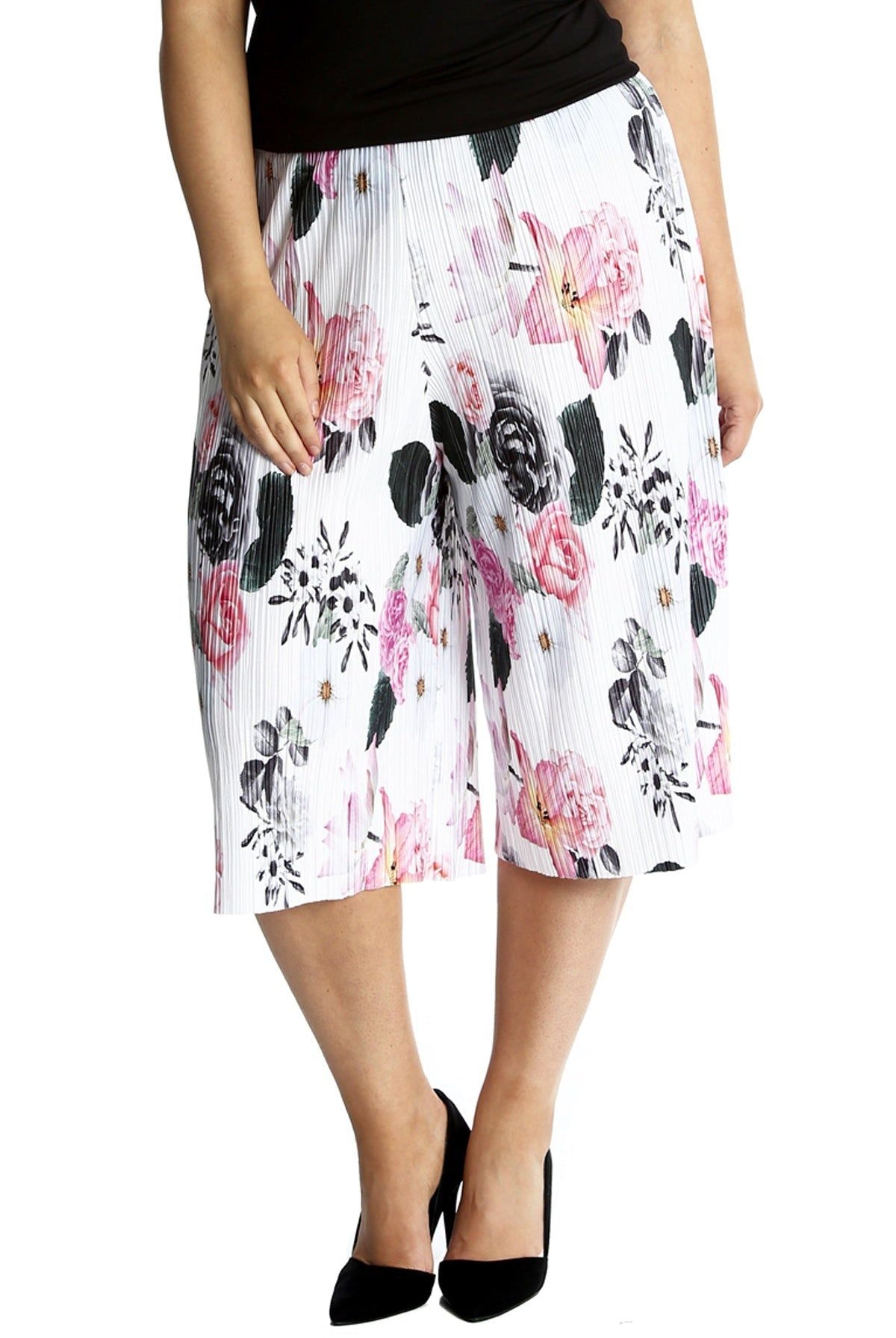 Plus Size Floral Print Crinkle Culottes Culottes WearAll White 16-18