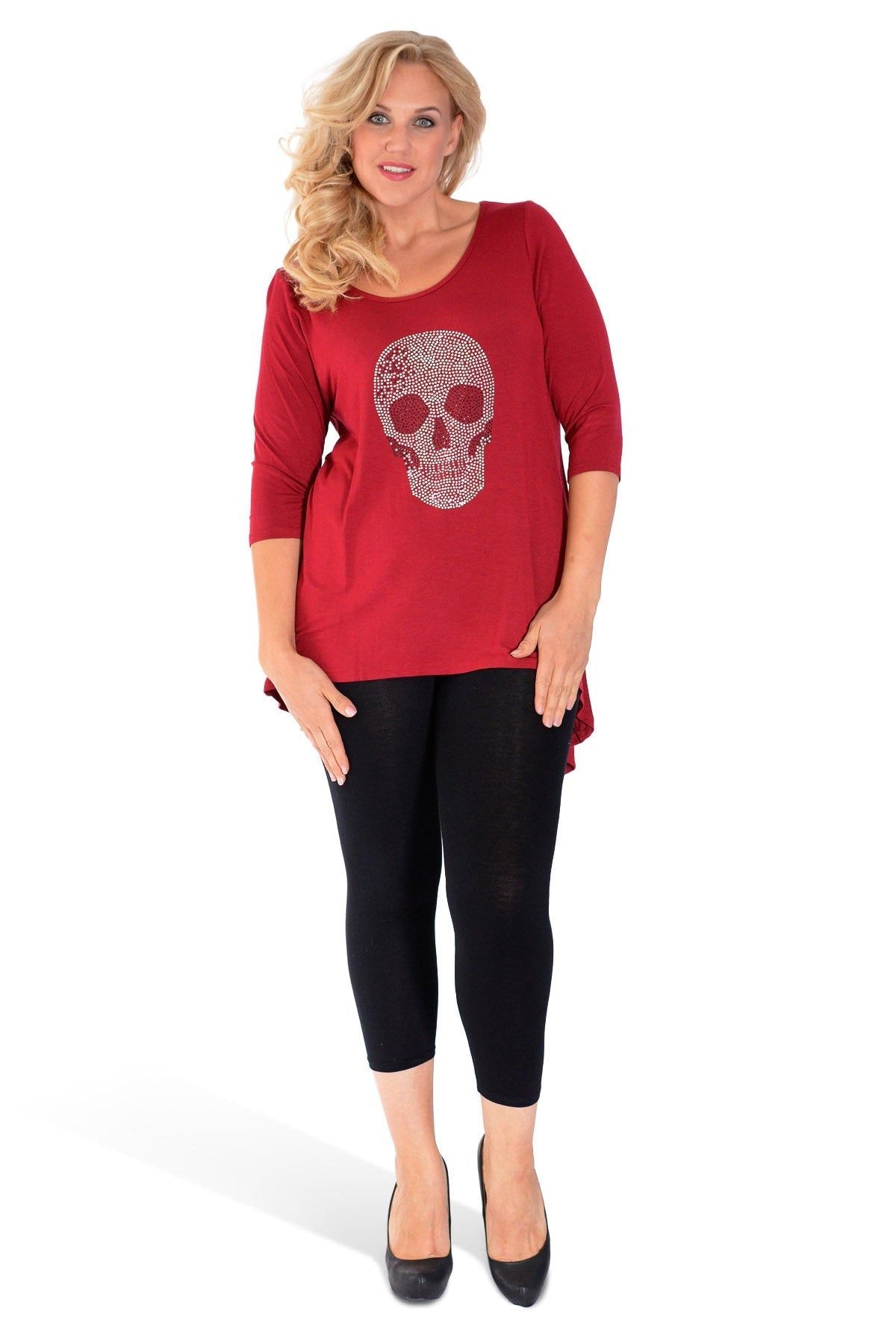 Skull Tail Back Dip Hem Scoop Top Tops WearAll