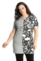 Split Skull Roses Print T-Shirt Tops WearAll Light Grey 16