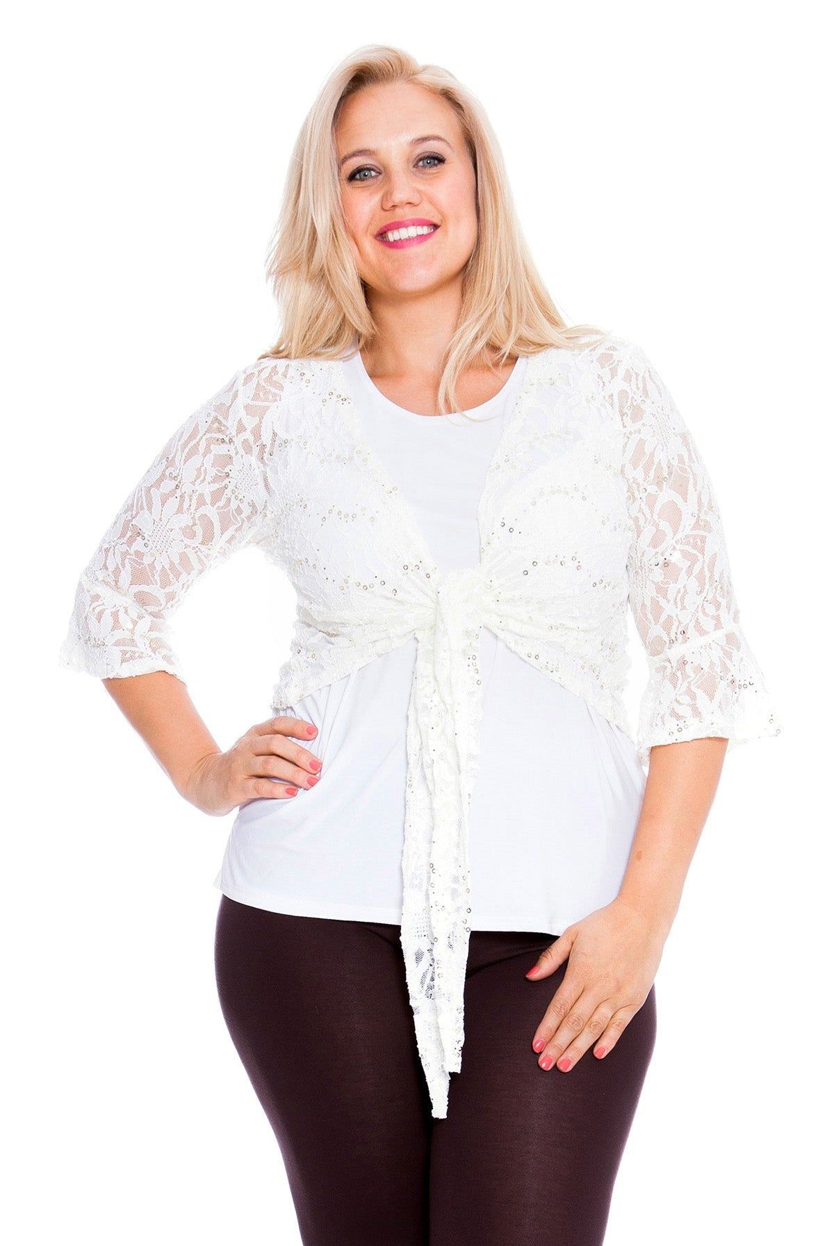 Plus SIze Sequin Lace Tie Up 3/4 Bell Crochet Top Tops WearAll Cream 16-18