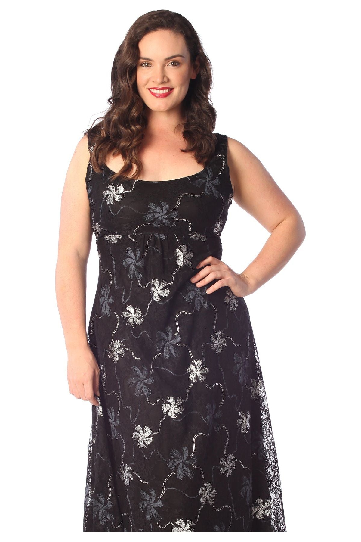 Plus Size Floral Lace Flared Sleeveless Belted Lined Dress - Silver Dress WearAll Silver 14