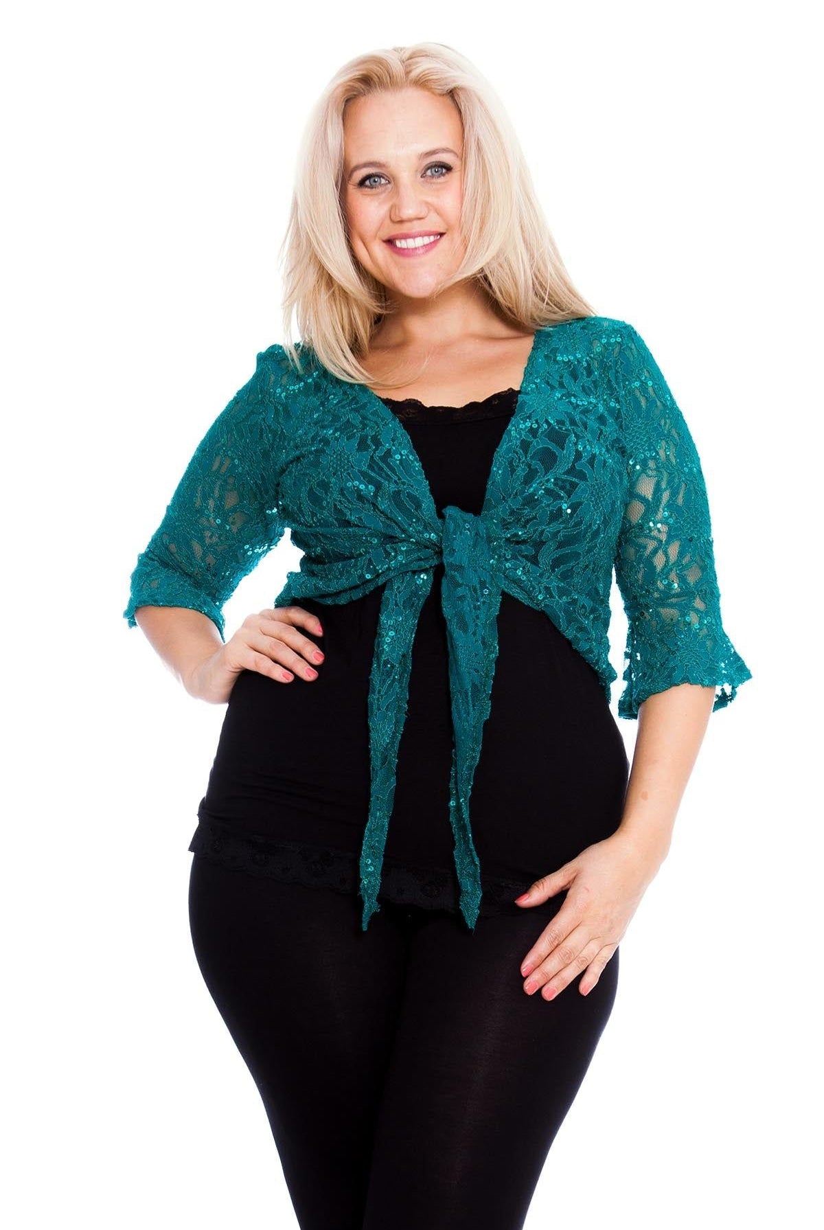 Plus SIze Sequin Lace Tie Up 3/4 Bell Crochet Top Tops WearAll Green 16-18