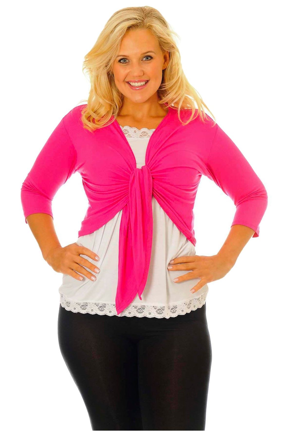 Plus Size 3/4 Sleeve Tie Shrug Tops WearAll Cerise 18