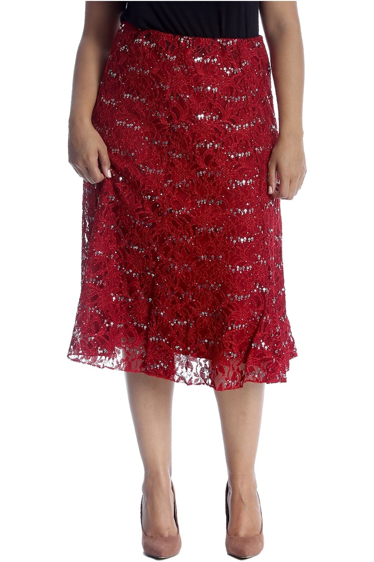 Floral Lace Lined Sequin Flared Midi Skirt Skirt WearAll