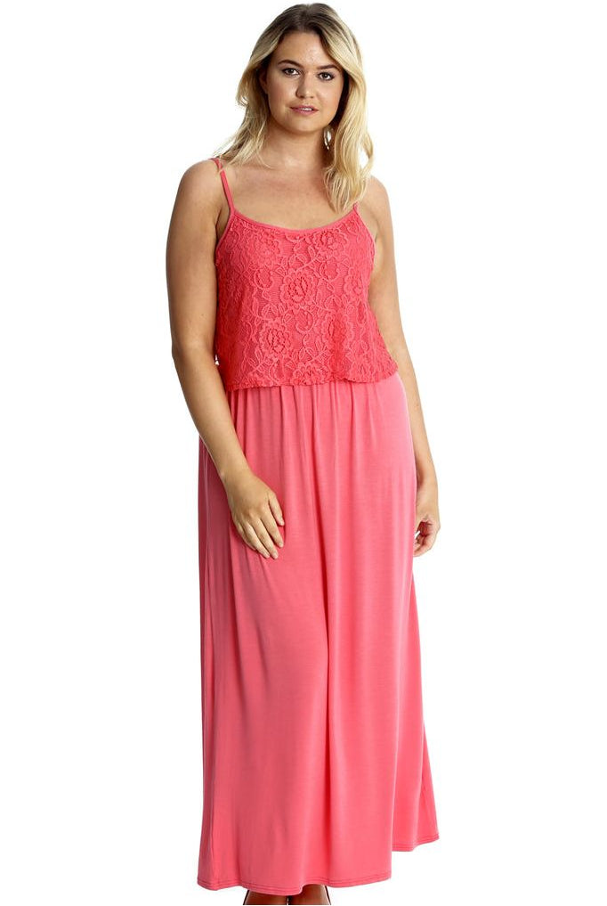 Plus Size Lace Top Sleeveless Maxi Dress Dress WearAll Coral 14