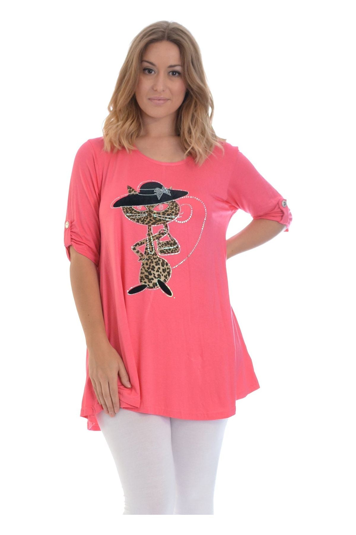 Cat With Hat Stud 2 Button Top Apparel & Accessories WearAll Coral 14