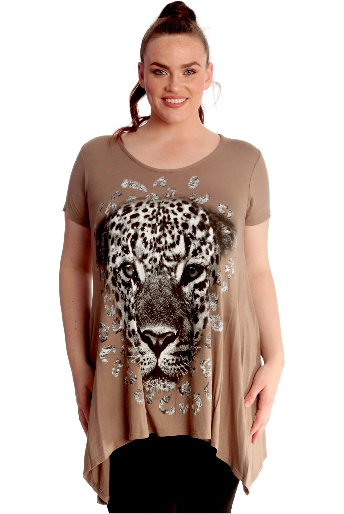 Leopard Print Hanky Hem Short Sleeve Top Tops WearAll Mocha 14