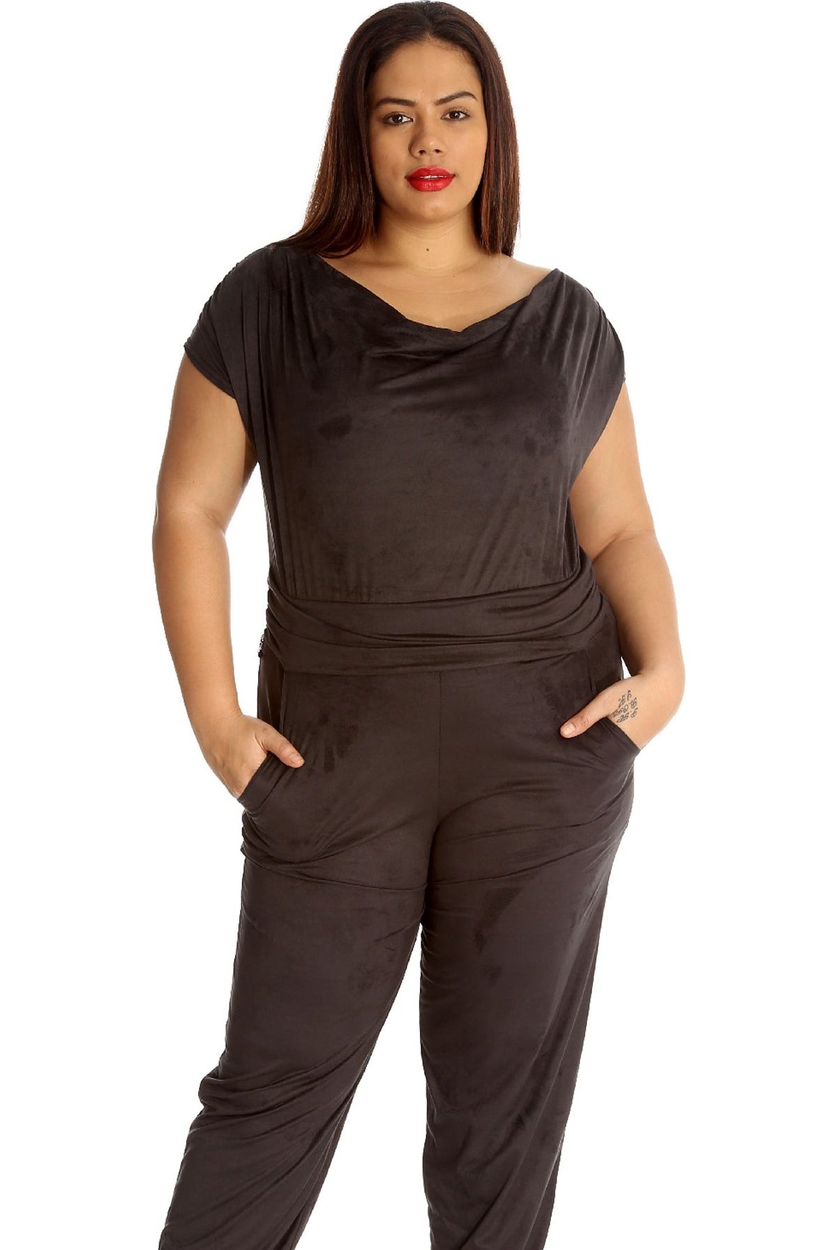 Plus Size Cowl Neck Pocket Belted Jumpsuits Jumpsuit WearAll Black 20
