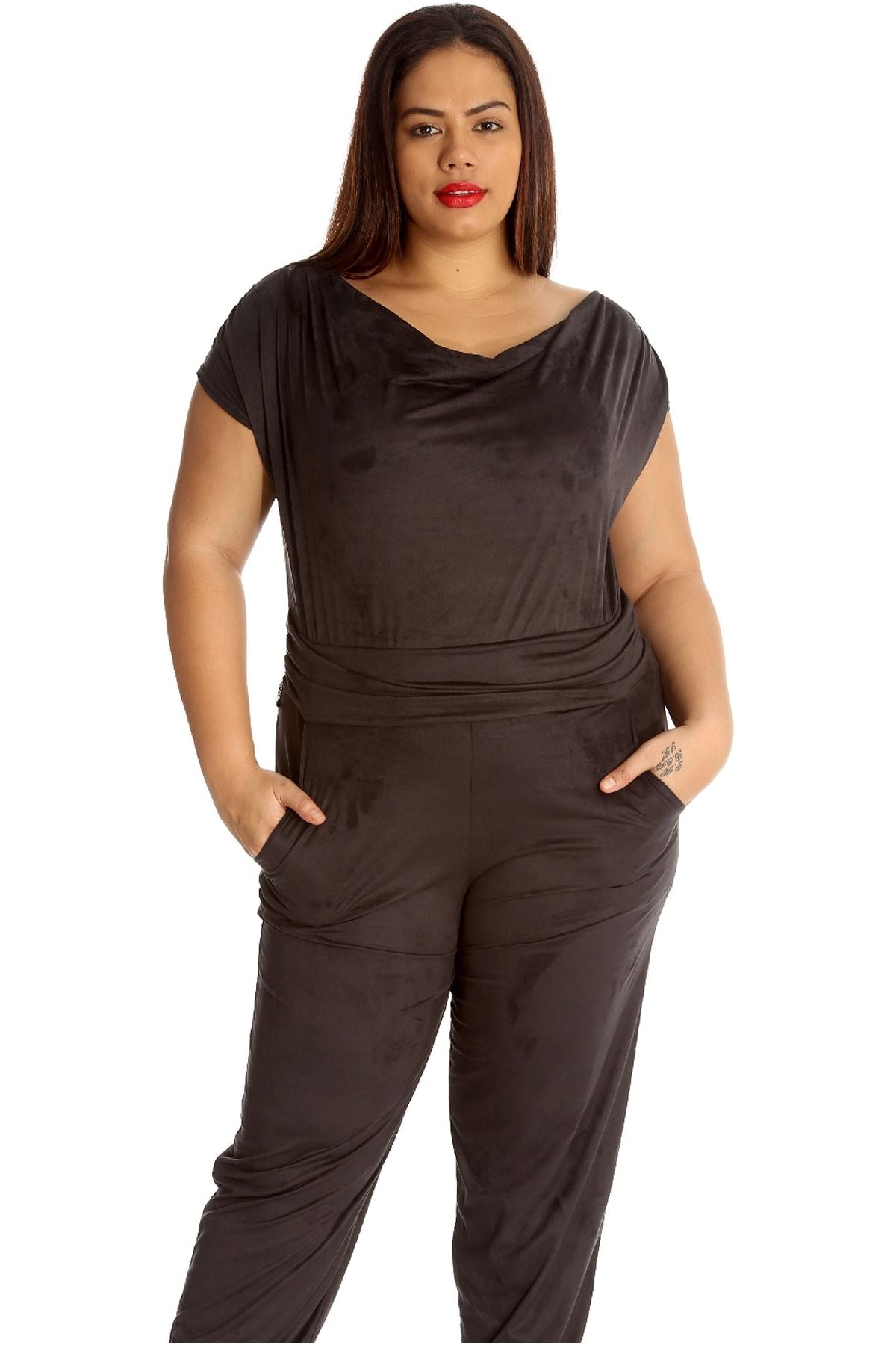 Plus Size Cowl Neck Pocket Belted Jumpsuits Jumpsuit WearAll Black 26-28