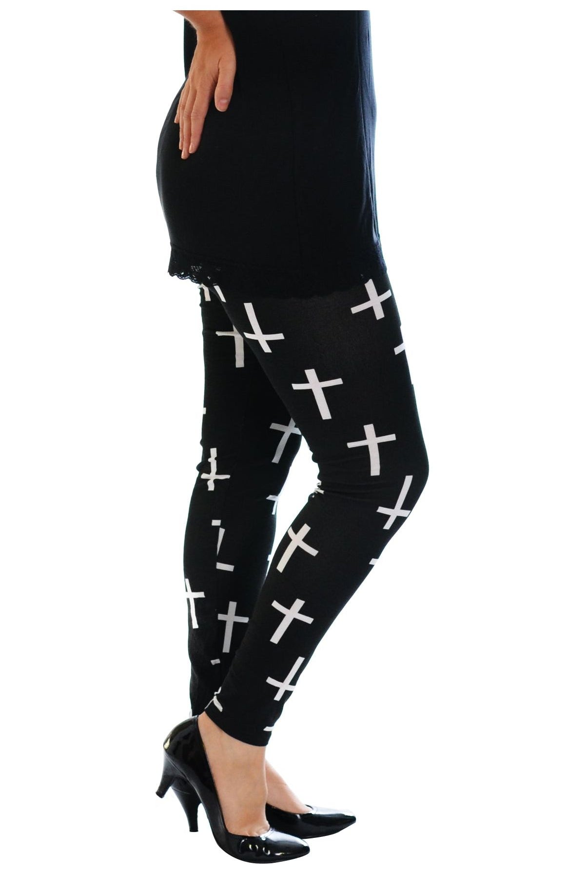 Plus Size Black Cross Print Stretchy Leggings Leggings WearAll