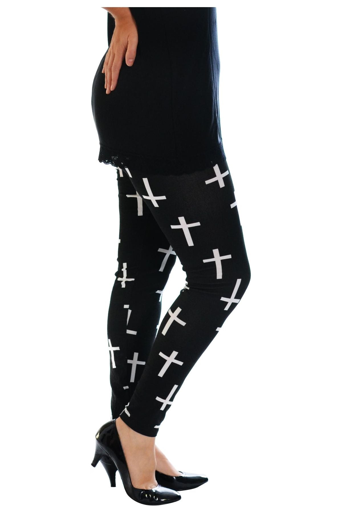 Plus Size Black Cross Print Stretchy Leggings Leggings WearAll