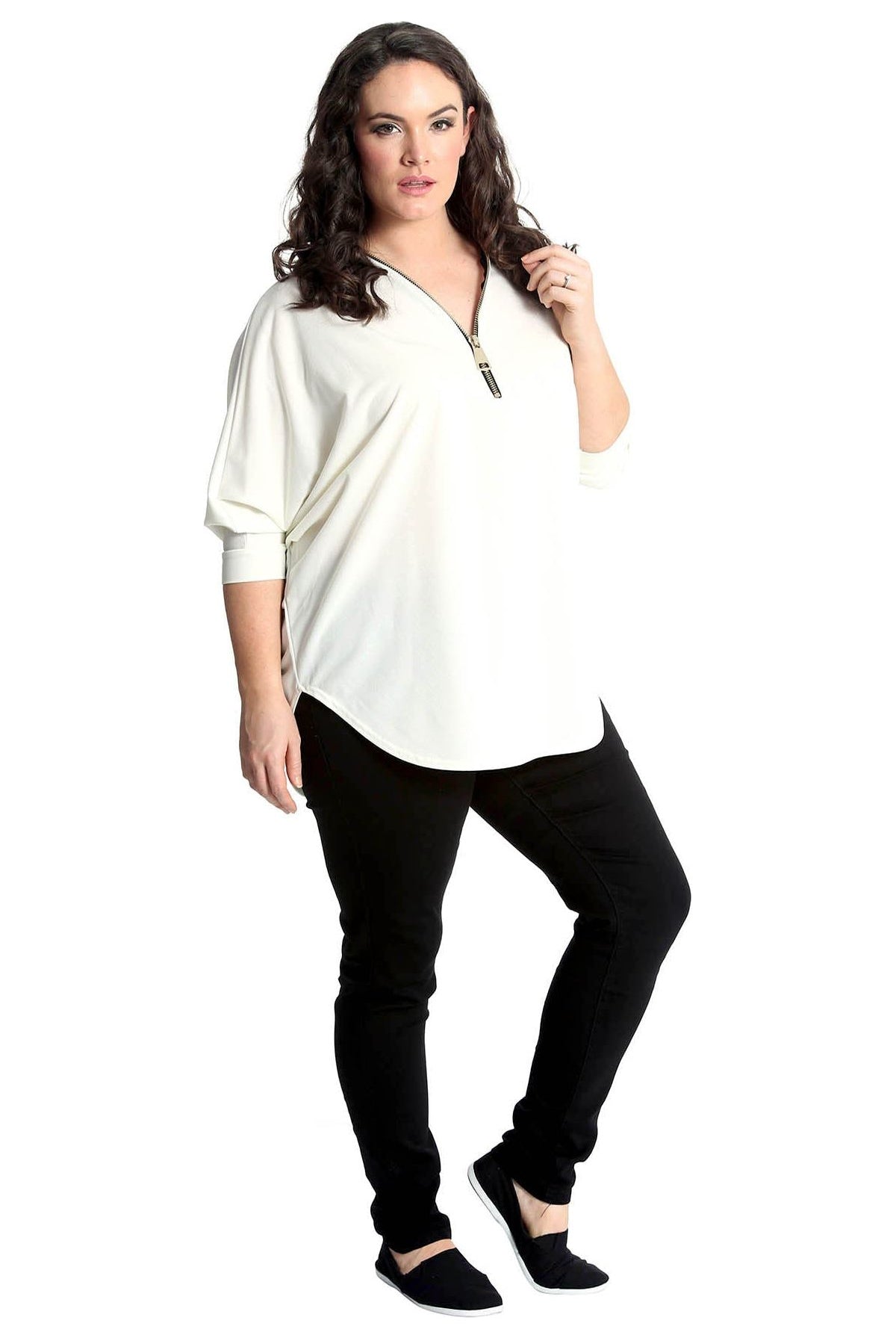 Zip Curved Hem V-Neck Batwing Sleeve Top Tops WearAll