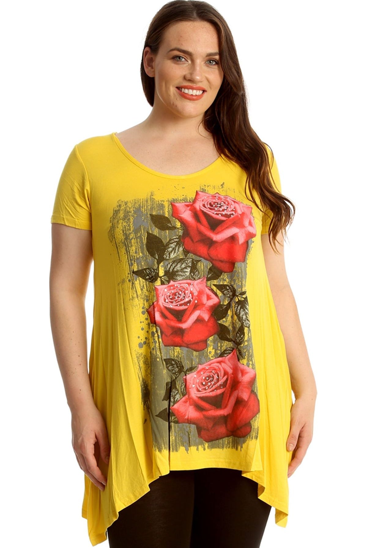 Three Rose Print Hanky Hem Short Sleeve Top Apparel & Accessories WearAll