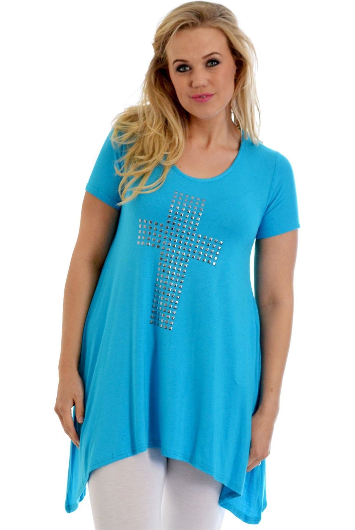 Cross Metallic Stud Hanky Hem Short Sleeve Top Apparel & Accessories WearAll