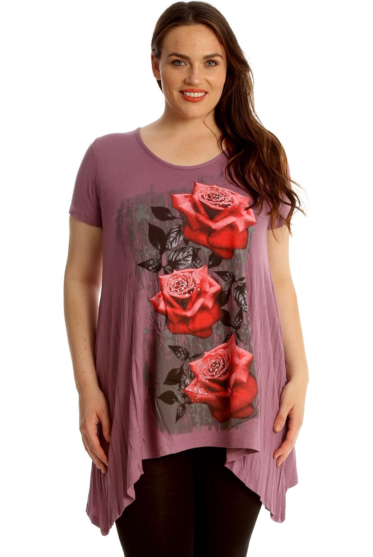 Three Rose Print Hanky Hem Short Sleeve Top Apparel & Accessories WearAll