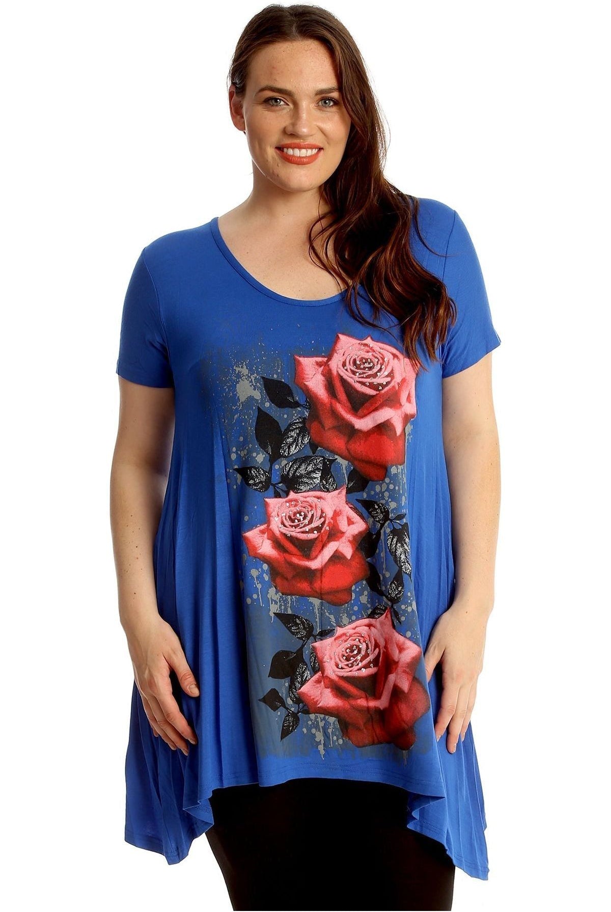 Three Rose Print Hanky Hem Short Sleeve Top