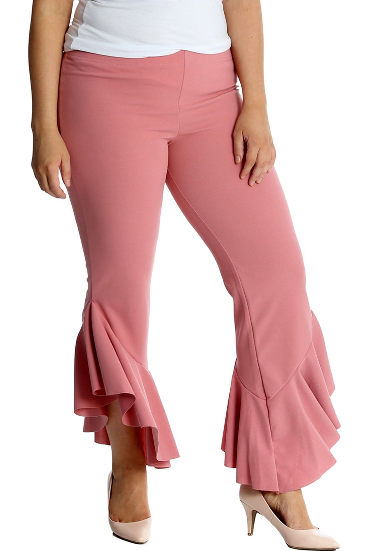 Plus Size Frill Asymmetric Hem Plain Trousers Trousers WearAll Pink 16-18