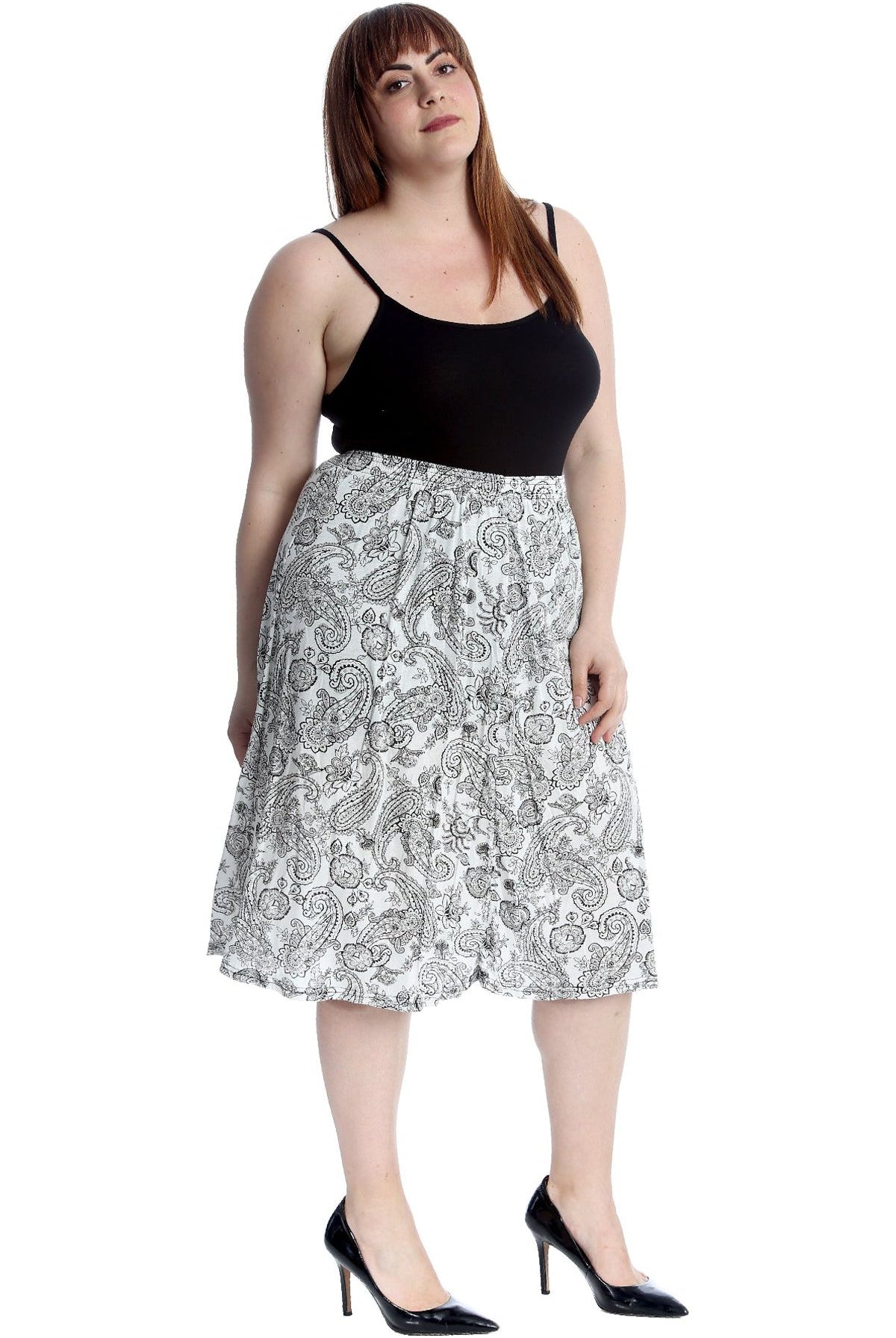 Plus Size Paisley White Print Midi Skirt Skirt WearAll