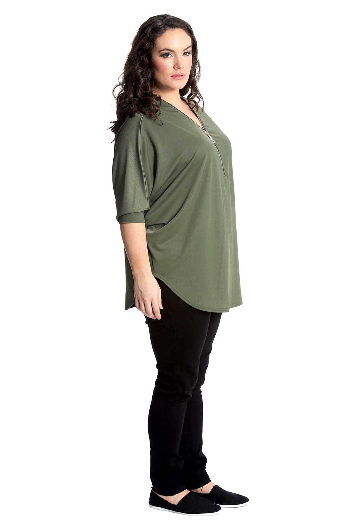 Plus Size Zip Curved Hem V-Neck Batwing Sleeve Top Tops WearAll