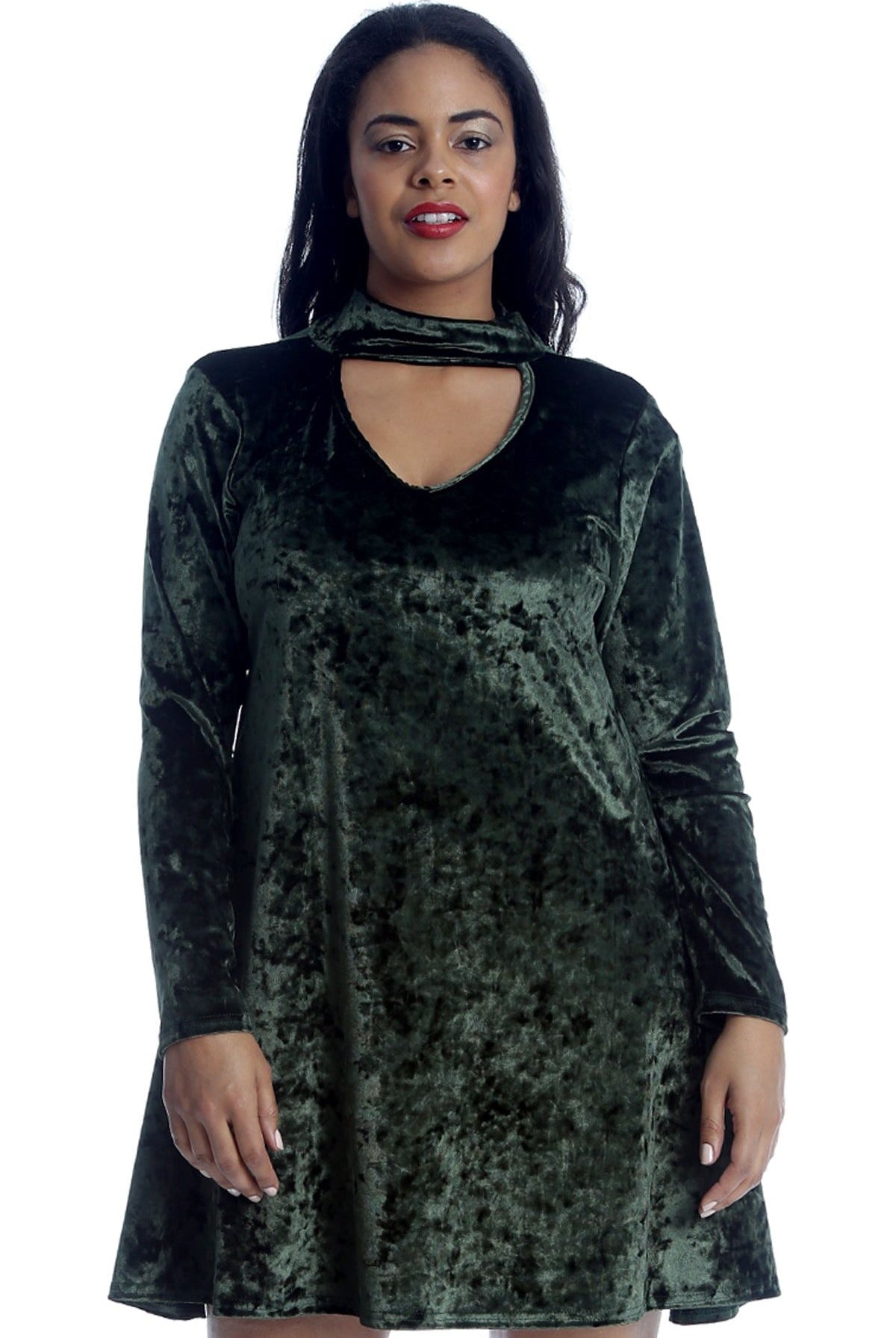 Plus Size Velour Velvet Long Sleeve Choker V-Neck Dress Dress WearAll Green 14