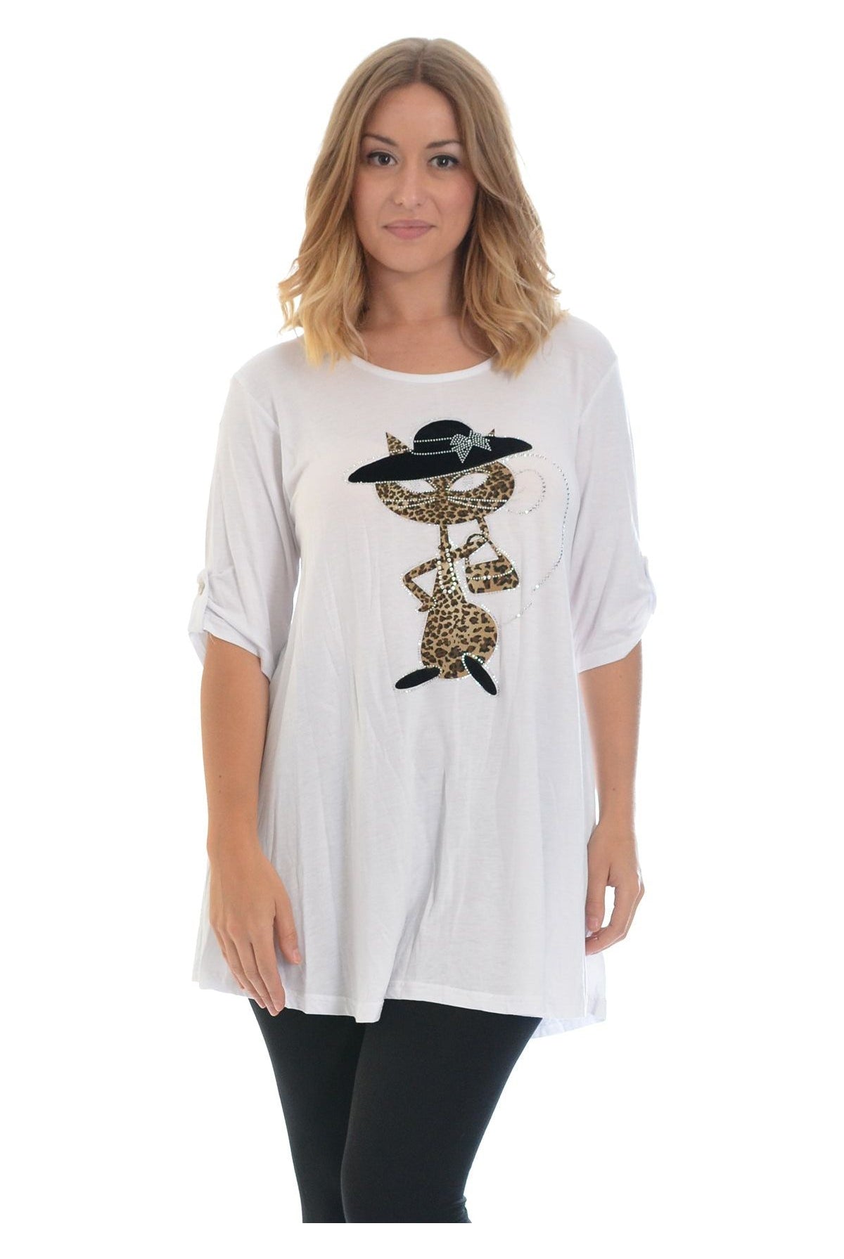 Cat With Hat Stud 2 Button Top Apparel & Accessories WearAll White 14