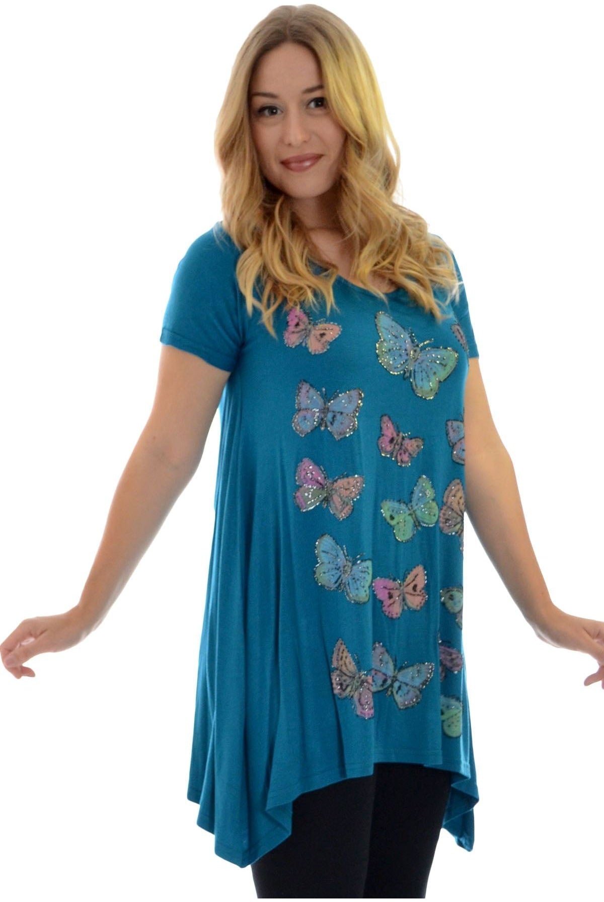Butterfly Hanky Hem Short Sleeve Top Apparel & Accessories WearAll Teal 14